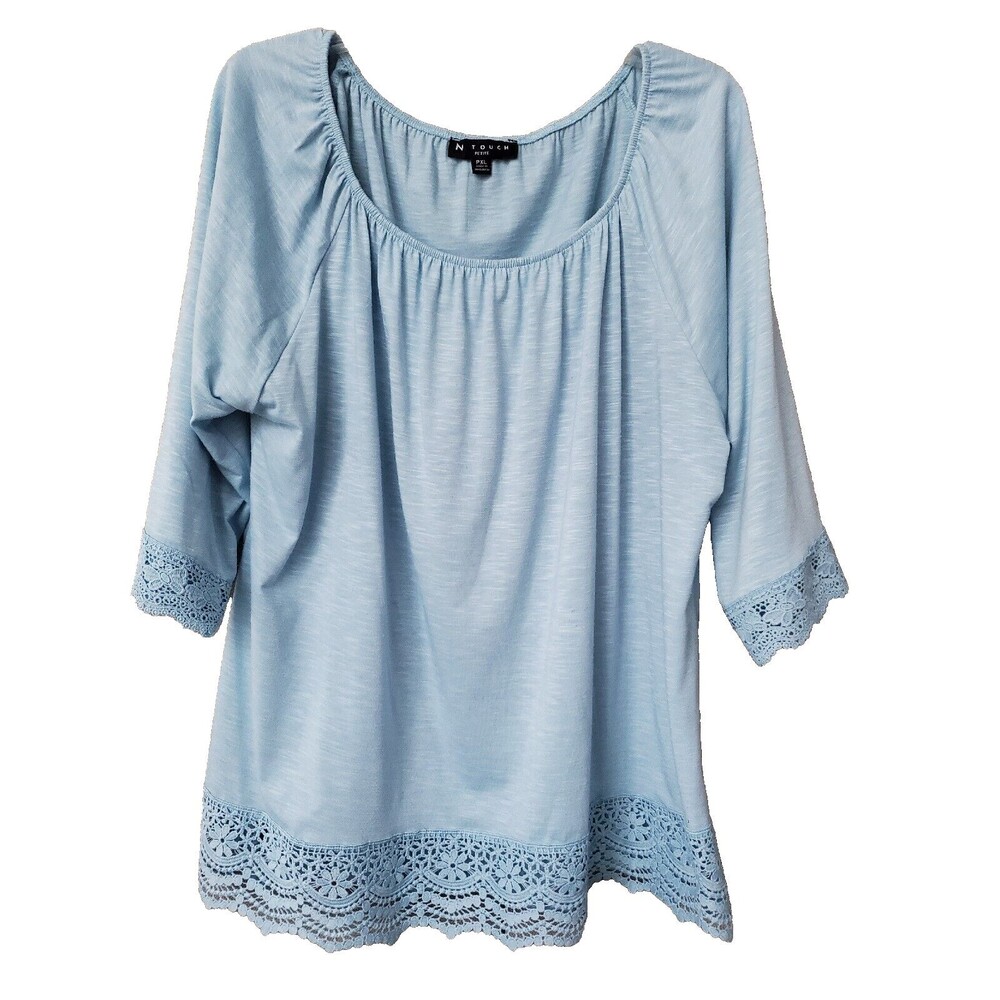 N Touch Petite Blue Scoop Neck 3/4 Sleeve Lace Trim Tunic Size PXL Stretch